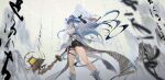  1girl arknights bare_legs black_gloves black_shorts blue_eyes blue_hair boots bowl coat dragon_horns elbow_gloves geralt7 gloves gourd highres holding holding_bowl holding_staff horns lantern ling_(arknights) looking_down necktie open_clothes open_coat pointy_ears shirt shorts solo staff standing white_coat white_footwear white_shirt yellow_necktie 