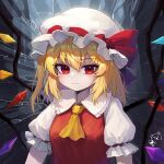  1girl absurdres ascot blonde_hair breasts closed_mouth collared_shirt commentary_request flandre_scarlet frilled_shirt_collar frilled_sleeves frills hair_between_eyes hat hat_ribbon highres kokukyukeo korean_commentary looking_at_viewer medium_hair mob_cap multicolored_wings puffy_short_sleeves puffy_sleeves rainbow_order rainbow_wings red_eyes red_ribbon red_vest ribbon ribbon-trimmed_headwear ribbon_trim shirt short_sleeves small_breasts solo touhou upper_body vest white_headwear white_shirt wings yellow_ascot 