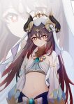  1girl absurdres breasts brooch brown_hair cosplay crop_top detached_sleeves genshin_impact hair_between_eyes harem_outfit highres horns hu_tao_(genshin_impact) jewelry long_sleeves looking_at_viewer midriff navel nilou_(genshin_impact) nilou_(genshin_impact)_(cosplay) puffy_long_sleeves puffy_sleeves qixia red_eyes shirt sleeveless sleeveless_shirt small_breasts smile solo twintails veil 