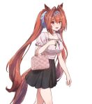  alternate_costume animal_ears bag breasts brown_hair collarbone commentary_request daiwa_scarlet_(umamusume) fuusuke_(fusuke208) hair_ornament handbag horse_ears horse_girl horse_tail large_breasts red_eyes signature simple_background tail tiara twintails umamusume white_background 