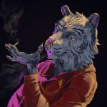  anthro avalath avalath_tiger classy clothed clothing drugs elegant facial_piercing fully_clothed hi_res jewelry male mood_lighting moody nose_piercing piercing scruffy slim smoking solo 