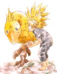  1boy bandaged_leg bandages barefoot beak bird blonde_hair blue_eyes blue_pants blue_shirt brush chocobo cloud_strife feathers final_fantasy final_fantasy_vii grin leaning_forward leg_up looking_at_another male_focus pants pants_rolled_up rag shirt short_hair short_sleeves smile spiked_hair talons teeth torimaru-douhu white_background yellow_feathers 