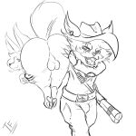  anthro balls big_butt bulge butt canid canine clothing cowboy_hat cowboy_outfit duo ear_piercing ear_ring fennec fennephilim_fox fox genitals gun hand_on_butt hat headgear headwear hi_res holding_butt kled_(lol) league_of_legends line_art looking_at_viewer looking_back male mammal open_mouth pawpads piercing ranged_weapon ring_piercing riot_games shoulder_grab tagger_fox video_games weapon yordle 
