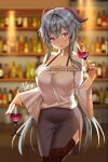  1girl ahoge aile_(crossroads) alcohol artist_name bangs black_thighhighs blue_hair blue_skirt blush breasts cleavage cowboy_shot cup drinking_glass ganyu_(genshin_impact) genshin_impact highres holding holding_cup horns large_breasts long_hair looking_at_viewer parted_lips purple_eyes sidelocks skirt solo thighhighs wide_sleeves wine wine_glass 