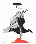  anthro blood bodily_fluids bovid broken_horn canid canine canis caprine caprine_demon clothed clothing coyote cross crying demon duo english_text goat_demon good_boy halo hi_res horn male mammal melee_weapon mucknagabe priest sword tears text weapon 