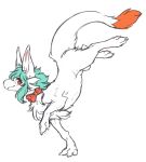  2019 chest_tuft dipstick_tail dragon female feral fur furred_dragon hair hi_res ingi kemono looking_at_viewer markings neck_bow red_eyes running simple_background solo tail_markings tail_tuft teal_hair tuft white_background white_body white_fur 