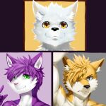  anthro black_nose blonde_hair canid cheek_tuft facial_tuft felid fur hair hi_res inner_ear_fluff looking_at_viewer male mammal monotone_tail multicolored_body multicolored_fur multiple_images pink_nose purple_body purple_fur purple_hair simple_background smile solo t.y.stars tuft two_tone_body two_tone_fur white_body white_ears white_fur white_head_tuft white_inner_ear_fluff yellow_body yellow_ears yellow_eyes yellow_fur 