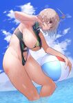  1girl absurdres ahoge ball beachball blue_sky breasts cloud commission day grey_hair highres j2m_raiden_(personification) large_breasts leaning_forward looking_at_viewer mc_axis navel ocean outdoors purple_eyes revealing_clothes ringobatake short_hair sideboob skeb_commission sky solo standing summer thighs wading wet 