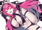  1girl bangs bare_shoulders black_panties bracelet breasts bridal_gauntlets detached_sleeves earrings fairy_knight_tristan_(fate) fate/grand_order fate_(series) flexible grey_eyes jewelry large_breasts leg_lift leg_up long_hair looking_at_viewer navel open_mouth p_answer panties pink_hair pointy_ears revealing_clothes sidelocks smile solo spiked_bracelet spikes split standing standing_on_one_leg standing_split thigh_strap thighs tiara underwear veil 