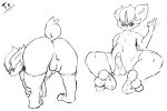  anthro ass_up balls belly butt cinderace clothing fennephilim_fox genitals hi_res legwear line_art looking_at_viewer looking_back male nintendo paws penis pok&eacute;mon pok&eacute;mon_(species) rear_view solo thigh_highs video_games 