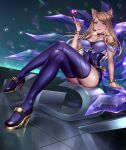  1girl ahri_(league_of_legends) animal_ears bangs bare_arms bare_shoulders black_choker blonde_hair blurry bokeh bracelet breasts choker cleavage closed_mouth collarbone commentary covered_navel crossed_legs crystal_tail depth_of_field ear_ornament ear_piercing facial_mark fox_ears fox_girl full_body hand_up heart heart_o-ring high_heels highres index_finger_raised jewelry k/da_(league_of_legends) k/da_ahri kitsune knees_together_feet_apart large_breasts league_of_legends leotard long_hair looking_at_viewer mary_janes nostrils nyaamen_fork official_alternate_costume official_alternate_hair_color parted_bangs piercing purple_leotard purple_thighhighs reflective_floor shiny shiny_hair shoes sitting smile solo sparkle strapless strapless_leotard thighhighs tile_floor tiles whisker_markings yellow_eyes 