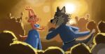  2022 anthro big_breasts blurred_background breasts canid canine canis clothed clothing crowd dancing diane_foxington digital_media_(artwork) dreamworks dreamywolfdd duo_focus eye_contact eyelashes female fox fully_clothed fur group looking_at_another male male/female mammal mr._wolf_(the_bad_guys) open_mouth open_smile orange_body orange_fur sharp_teeth smile standing teeth the_bad_guys walking wolf yellow_eyes yellow_sclera 