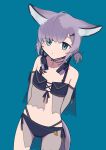  1girl absurdres ahoge animal_ear_fluff animal_ears arknights arms_behind_back bangs bare_shoulders bikini black_bikini blue_eyes blurry blurry_background breasts closed_mouth commentary cowboy_shot def_aki expressionless fox_ears fox_girl fox_tail hair_ornament hair_over_one_eye hairclip headphones headphones_around_neck highres looking_at_viewer navel official_alternate_costume oripathy_lesion_(arknights) see-through short_hair simple_background small_breasts solo standing sussurro_(arknights) sussurro_(summer_flowers)_(arknights) swimsuit tail 