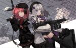  2girls aa-12_(girls&#039;_frontline) ahoge bangs beret black_gloves black_headwear black_pantyhose black_skirt black_thighhighs blue_eyes blunt_bangs bow candy chain-link_fence character_name cloud cloudy_sky coat fence fingernails food fur-trimmed_hood fur_trim girls&#039;_frontline gloves grey_coat grey_hair gun hair_ornament hat headphones holding holding_gun holding_weapon hood hood_down hooded_coat lollipop long_hair looking_at_viewer medium_hair mouth_hold mp7_(girls&#039;_frontline) multicolored_coat multiple_girls open_mouth outdoors pantyhose parted_lips pink_hair pla4neta pouch purple_coat purple_nails side_ponytail skirt sky sleeves_past_wrists striped striped_bow teeth thighhighs two-tone_coat weapon yellow_eyes zipper zipper_pull_tab 