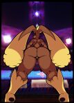  absurd_res anthro athletic athletic_anthro athletic_female big_butt black_sclera brown_body butt criminalbunnydraws exhibitionism female genitals hands_on_hips hi_res long_ears looking_at_viewer looking_back lopunny low-angle_view night nintendo nude pink_eyes pok&eacute;mon pok&eacute;mon_(species) public pussy rear_view solo stadium video_games worm&#039;s-eye_view 