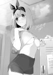  1girl bangs blush breasts cleavage collarbone frown go-toubun_no_hanayome greyscale hand_on_own_chest highres indoors kckcdkkn large_breasts locker locker_room looking_to_the_side monochrome nakano_yotsuba shirt short_hair shorts signature solo sticky_note 