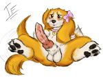  animal_genitalia animal_penis anthro balls blush bodily_fluids bow_ribbon butt canid canine canine_penis canis cum dog_tags domestic_dog fennephilim_fox fizz_(lol) fur genital_fluids genitals hi_res holding_ears league_of_legends leaking leash lying male mammal on_back orange_body orange_fur paws penis pink_leash riot_games solo tail_motion tailwag video_games wet wet_penis 