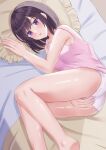  1girl ass black_hair blush chakku_illust commentary_request covering covering_crotch highres lying on_bed on_side original panties pink_tank_top purple_eyes short_hair solo tank_top thighs underwear white_panties 
