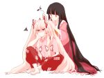  2girls alternate_hairstyle anger_vein angry annoyed arm_support bangs barefoot black_hair bow closed_mouth collared_shirt commentary_request eighth_note elbow_on_knee frilled_shirt_collar frilled_skirt frilled_sleeves frills fujiwara_no_mokou full_body hair_bow hand_on_own_cheek hand_on_own_face highres hime_cut houraisan_kaguya indian_style long_hair long_sleeves looking_at_another looking_at_viewer multiple_girls musical_note neck_ribbon ofuda ofuda_on_clothes orange_eyes pants pink_shirt red_bow red_eyes red_pants red_skirt ribbon shaded_face shirt short_sleeves sidelocks sitting skirt smile somei_ooo squiggle touhou twintails two-tone_bow tying_another&#039;s_hair very_long_hair white_background white_bow white_hair white_shirt wide_sleeves yellow_ribbon 