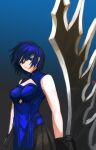  1girl absurdres bare_shoulders black_gloves black_hair black_skirt blade blue_background blue_eyes blue_hair blue_theme breasts ciel_(tsukihime) cleavage cleavage_cutout closed_mouth clothing_cutout dated diamond_cutout gloves gradient gradient_background hair_between_eyes highres holding holding_weapon huge_weapon looking_at_viewer moedredd reverse_grip short_hair signature skirt solo tsukihime type-moon weapon 