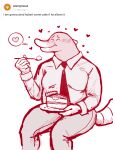  &lt;3 anthro blush blush_lines cake chubby_anthro chubby_male clothing cutlery dessert dress_shirt eating eating_food eebahdeebah eulipotyphlan eyes_closed food fork hi_res hubert_(eebahdeebah) kitchen_utensils male mammal mole_(animal) monochrome necktie office_clothing red_and_white shirt simple_background slightly_chubby smile solo tools topwear white_background 