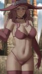  1girl absurdres artist_name black_clover blurry blurry_background bra breasts castle choker cleavage closed_mouth collarbone cowboy_shot dangle_earrings earrings elbow_gloves gloves grey_eyes hat highleg highleg_panties highres jewelry large_breasts long_hair looking_at_viewer navel oroborus outdoors panties pink_bra pink_choker pink_gloves pink_headwear pink_panties pink_thighhighs sky smile solo thighhighs underwear vanessa_enoteca wavy_hair witch_hat 