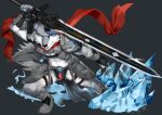  absurd_res anthro armor black_nose blue_eyes bulge canid canine canis cheek_tuft elbow_tuft facial_tuft front_view fur glistening glistening_eyes grey_body grey_ears grey_fur grey_tail hi_res holding_object holding_sword holding_weapon ice leg_armor looking_at_viewer male mammal melee_weapon mouth_closed muscular muscular_anthro muscular_male simple_background solo sword t.y.stars tuft unconvincing_armor weapon white_body white_fur wolf 
