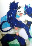  anal anal_penetration anthro anthro_on_anthro anthro_penetrated anthro_penetrating anthro_penetrating_anthro balls black_head_tuft blue_body blue_ears blue_eyes blue_fur blue_head_tuft blue_tail canid erection fangs felid fur genitals glistening glistening_eyes group head_tuft hi_res male male/male male_penetrated male_penetrating male_penetrating_male mammal monotone_body monotone_fur one_eye_closed open_mouth penetration penis red_penis red_tongue sitting t.y.stars tongue tongue_out trio tuft white_balls white_body white_ears white_fur 