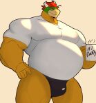  2022 absurd_res anthro barazoku belly big_belly big_muscles bowser bulge clothed clothing coffee_mug container daddy_kink english_text eyebrows hair hi_res holding_mug holding_object horn huge_muscles koopa male mario_bros mug musclegut muscular muscular_anthro muscular_male nintendo number overweight overweight_anthro overweight_male pecs scalie shaded shirt simple_background small_head smile solo standing steam teeth text thick_thighs thong tkckid topwear underwear video_games white_background 