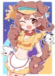  1girl ;d animal animal_ears animal_hands apron bone-shaped_pupils bone_hair_ornament braid breasts brown_gloves brown_hair cartoon_bone cleavage collar crop_top dog dog_ears dog_girl dog_tail futo-inu gloves hair_ornament hand_on_hip hololive hoso-inu inugami_korone long_hair low_twintails medium_breasts midriff navel one_eye_closed paw_gloves rabiiandrain red_collar red_eyes shirt smile solo_focus spiked_collar spikes symbol-shaped_pupils tail twin_braids twintails virtual_youtuber visor_cap waist_apron white_apron yellow_headwear yellow_shirt 