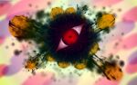  attack bloodshot_eyes cloud commentary dark_matter darkness eldritch_abomination kirby&#039;s_dream_land_3 kirby_(series) looking_at_viewer nakagawa_rui no_humans one-eyed red_eyes signature solo twitter_username veins watermark yellow_sky 
