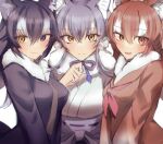  3girls absurdres animal_costume animal_ear_fluff animal_ears black_hair blazer blue_eyes brown_eyes brown_hair closed_mouth grey_wolf_(kemono_friends) highres jacket japanese_clothes japanese_wolf_(kemono_friends) kemono_friends kemono_friends_3 kimono long_hair looking_at_viewer makami_(kemono_friends) mitorizu_02 multiple_girls necktie open_mouth ribbon school_uniform simple_background smile tail white_background white_hair wolf_costume wolf_ears wolf_girl wolf_tail yellow_eyes 