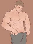  1boy abs bara black_pants brown_background brown_hair chris_redfield closed_eyes closed_mouth facial_hair highres large_pectorals male_focus miltonzheng muscular muscular_male navel nipples pants pectorals procreate_(medium) resident_evil resident_evil_5 short_hair simple_background solo 