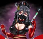  alternate_costume anchor_symbol bdsm black_hair black_headwear breasts chain cleavage cleavage_cutout clothing_cutout commentary_request dated dominatrix elbow_gloves gloves hair_ornament heart_cutout kantai_collection large_breasts mask mouth_mask nurse out-of-frame_censoring red_eyes red_gloves short_hair signature syringe tk8d32 yamashiro_(kancolle) 