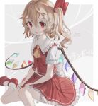  1girl ascot back_bow bangs blonde_hair bobby_socks bow character_name collared_shirt crystal dated flandre_scarlet foot_out_of_frame frilled_shirt_collar frilled_skirt frills hair_between_eyes hair_ribbon hand_on_own_thigh highres long_hair mary_janes no_hat no_headwear one_side_up open_mouth otomo_no_sachi pleated_skirt red_eyes red_footwear red_ribbon red_skirt red_vest ribbon shirt shoes short_sleeves signature sitting skirt socks solo touhou upper_body vest wariza white_bow white_shirt white_socks wings yellow_ascot 