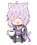  1girl ahoge animal_ears bangs black_hoodie cat_ears cat_girl cat_tail closed_eyes closed_mouth coffee cup drawstring facing_viewer flying_sweatdrops hair_between_eyes hands_up holding holding_cup hololive hood hood_down hoodie long_sleeves nekomata_okayu puffy_long_sleeves puffy_sleeves purple_hair rabiiandrain solo tail tail_raised tears tongue tongue_out virtual_youtuber 