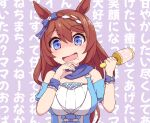  1girl animal_ears bandana bangs blue_dress blue_eyes braid breasts brown_hair commentary crown_braid dress drooling hands_up holding_rattle horse_ears kokko_tofu large_breasts long_hair looking_at_viewer open_mouth shaded_face smile solo super_creek_(umamusume) umamusume upper_body wall_of_text wrist_cuffs 