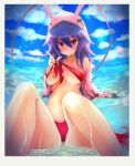  1girl antenna_hair bikini blue_hair breasts disgaea disgaea_d2 hair_between_eyes highres jacket laharl laharl-chan large_breasts long_hair looking_at_viewer navel partially_submerged pointy_ears pondack red_bikini red_eyes solo swimsuit water wet wet_clothes 