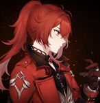  1boy bangs black_gloves chain closed_mouth coat diluc_(genshin_impact) diluc_(red_dead_of_night)_(genshin_impact) from_side genshin_impact gloves hair_between_eyes highres long_hair long_sleeves male_focus ponytail profile red_coat red_eyes red_hair return_im simple_background solo upper_body 