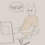  1:1 after_masturbation anthro biped bodily_fluids bottomless canid canine canis chair clothed clothing computer cum cum_on_own_snout cum_on_shirt domestic_dog echto embarrassed english_text erection furniture genital_fluids genitals hi_res holding_penis laptop looking_at_viewer male mammal masturbation nude office_chair orange_clothing orange_shirt orange_topwear partially_clothed penis selective_coloring shirt solo text topwear 