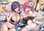 2girls artist_request azur_lane bangs bare_shoulders beach_towel bikini black_bikini blue_hair blush bracelet breasts cellphone choker cleavage commentary_request eyewear_on_head fingernails flower food green_eyes hair_flower hair_ornament hair_over_one_eye hibiscus holding ice_cream ice_cream_cup jewelry large_breasts logo long_hair looking_at_viewer mechanical_pencil multiple_girls nail_polish navel o-ring o-ring_bikini official_art paper parted_lips pencil phone pink_hair ponytail red_eyes shiny shiny_hair shiny_skin smile starfish stomach sunglasses swimsuit thighs towel trento_(azur_lane) trieste_(azur_lane) 