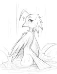  anthro avian beak bird blush eyelashes feathers female flat_chested freckles hi_res lyra_(w4g4) nude potoo question_mark simple_background sketch solo tail_feathers w4g4 winged_arms wings 
