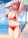  1girl :d armpits arms_up azur_lane bangs bare_shoulders beach beach_chair beach_umbrella bikini blue_sky breasts bremerton_(azur_lane) cleavage cloud collarbone commentary_request cowboy_shot crossed_bangs day front-tie_bikini front-tie_top grey_hair groin hair_between_eyes hair_intakes hair_ornament highres large_breasts lifebuoy_ornament long_hair looking_at_viewer mole mole_on_breast mole_under_eye multicolored_hair navel ocean open_mouth outdoors pink_eyes pink_hair red_bikini side-tie_bikini sidelocks skindentation sky smile solo standing stomach streaked_hair stretching suuitchi swimsuit twintails two-tone_hair umbrella x_hair_ornament 