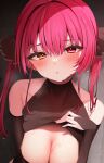  1girl :o bangs bare_shoulders blush breasts cleavage clothes_lift dripping elbow_gloves fingerless_gloves gloves hair_ribbon halterneck highres hololive houshou_marine large_breasts looking_at_viewer multicolored_eyes namagome_negi red_eyes red_hair ribbon shirt_lift solo sweat sweatdrop twintails upper_body wet yellow_eyes 