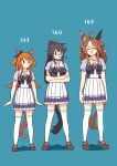  3girls ^_^ absurdres ahoge animal_ears arms_at_sides bandaid bandaid_on_face bandaid_on_nose bangs black_hair breasts brown_footwear brown_hair closed_eyes copano_rickey_(umamusume) crossed_arms double_bun full_body hair_bun height_chart height_difference highres horse_ears horse_girl horse_tail looking_at_another mayano_top_gun_(umamusume) medium_breasts mouth_hold multiple_girls narita_brian_(umamusume) no_mouth open_mouth orange_hair petoka ponytail purple_shirt sailor_collar school_uniform shirt shoes simple_background skirt small_breasts smile stalk_in_mouth standing sweatdrop tail thighhighs tracen_school_uniform umamusume white_skirt white_thighhighs |_| 