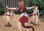  3girls ^_^ absurdres animal_ears brown_hair clone closed_eyes el_condor_pasa_(umamusume) false_smile grass_wonder_(umamusume) gym_uniform highres horse_ears horse_girl horse_tail hot_sauce jurassic_park jurassic_world leaning_forward long_hair meme multiple_girls open_mouth outdoors outstretched_arms petoka plant ponytail prattkeeping_(meme) red_shorts scene_reference shaded_face shadow shirt shoes short_sleeves shorts smile sneakers socks spread_arms standing sweat sweating_profusely tail umamusume white_shirt white_socks 