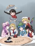  6+girls ajirogasa alice_margatroid backpack bag black_hair black_headwear blonde_hair blue_hair blue_headwear bow braid brown_hair cabbie_hat clothes_writing dress flandre_scarlet flat_cap frilled_hat frills green_headwear grey_dress hair_bow hairband hakurei_reimu hat hat_ribbon highres irukanoirukaman kawashiro_nitori lolita_hairband long_earlobes long_hair mob_cap multiple_girls parody patchouli_knowledge pink_headwear ponytail purple_hair red_bow red_eyes red_hairband red_ribbon ribbon short_hair side_ponytail touhou twin_braids very_long_hair white_headwear witch_hat yatadera_narumi 