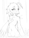  3_fingers anthro avian beak bird blush exclamation_point eyelashes feathers female fingers flat_chested freckles hi_res lyra_(w4g4) nude potoo simple_background sketch solo tail_feathers w4g4 winged_arms wings 