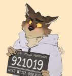  2021 absurd_res anthro artist_name biped black_claws black_eyebrows black_nose blush brown_body brown_fur canid canine canis cedronrohuta cheek_tuft claws clothing dreamworks eyebrows facial_tuft finger_claws fur head_tilt head_tuft hi_res holding_object hoodie male mammal mr._wolf_(the_bad_guys) mugshot multicolored_body multicolored_fur pivoted_ears raised_eyebrow simple_background solo tan_background tan_body tan_fur the_bad_guys topwear tuft two_tone_body two_tone_fur white_clothing white_hoodie white_topwear wolf yellow_sclera zipper 