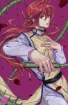 1boy belt_buckle buckle chinese_clothes cowboy_shot fighting_stance green_eyes hair_between_eyes halu-ca hand_on_own_chest high_collar highres holding holding_whip jumpsuit kurama_(yu_yu_hakusho) long_hair looking_at_viewer male_focus purple_background red_hair solo thorns vine_whip white_jumpsuit yellow_tunic yu_yu_hakusho 